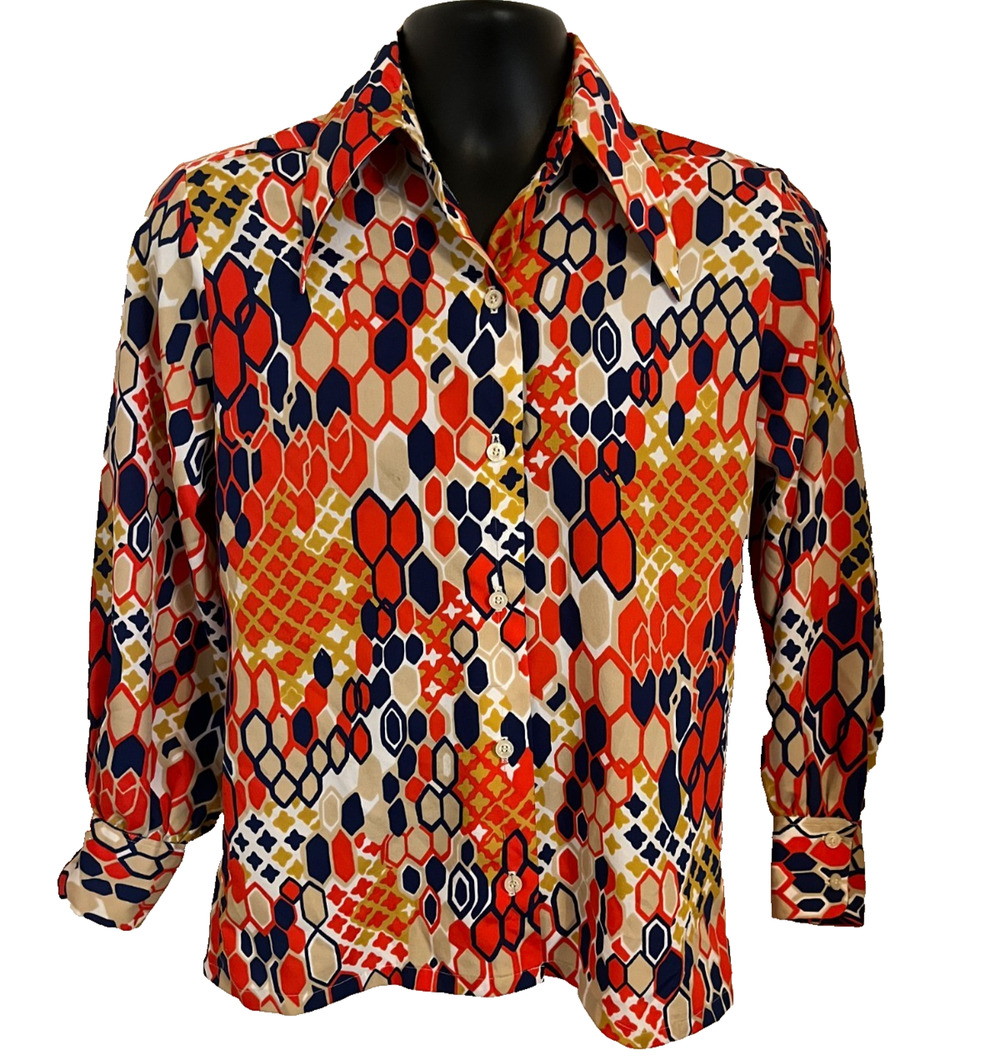 VTG 70s Cos Cob Dagger Collar Shirt Geometric Honeycomb Abstract Blue Orange M